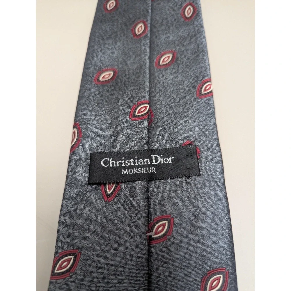 Christian Dior Monsieur Men's Tie Gray Red Geometric Silk Blend Made USA